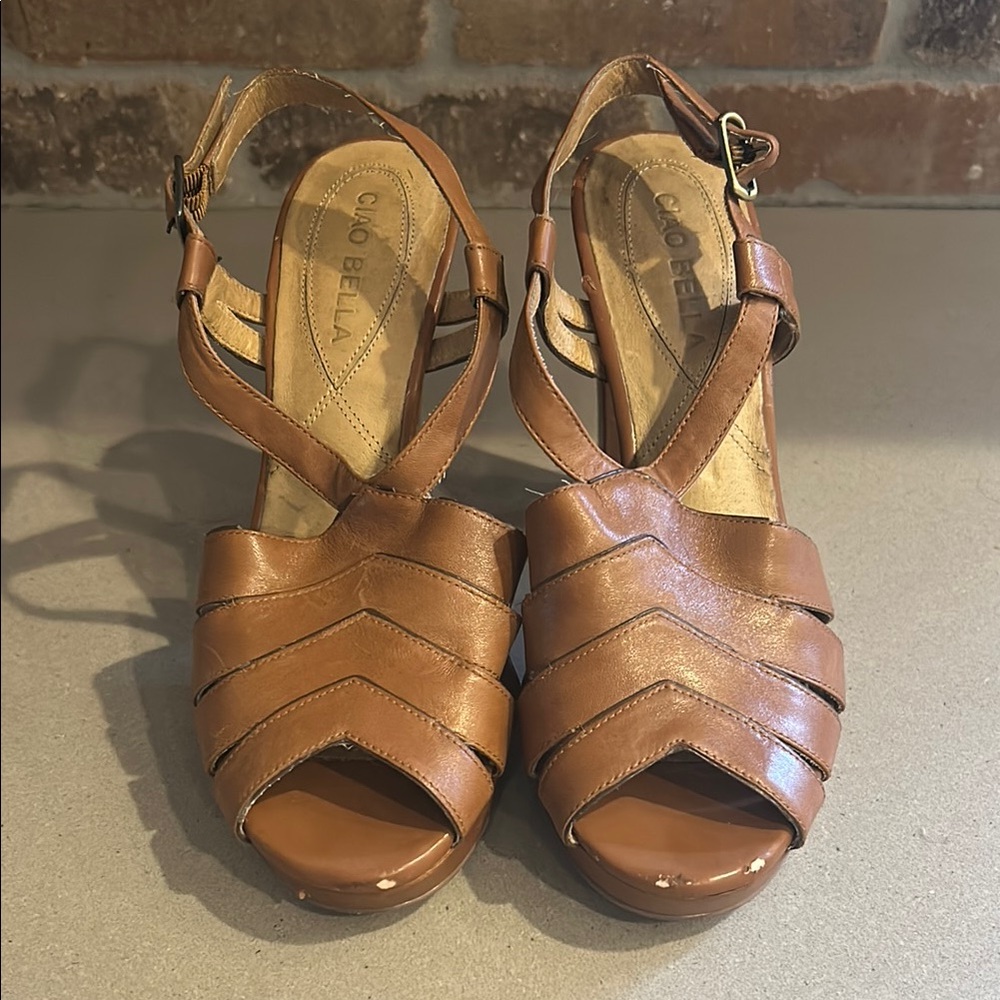 Ciao Bella Sophisticated Tan High Heels with Strappy Design Sz 7 - Picture 5 of 14